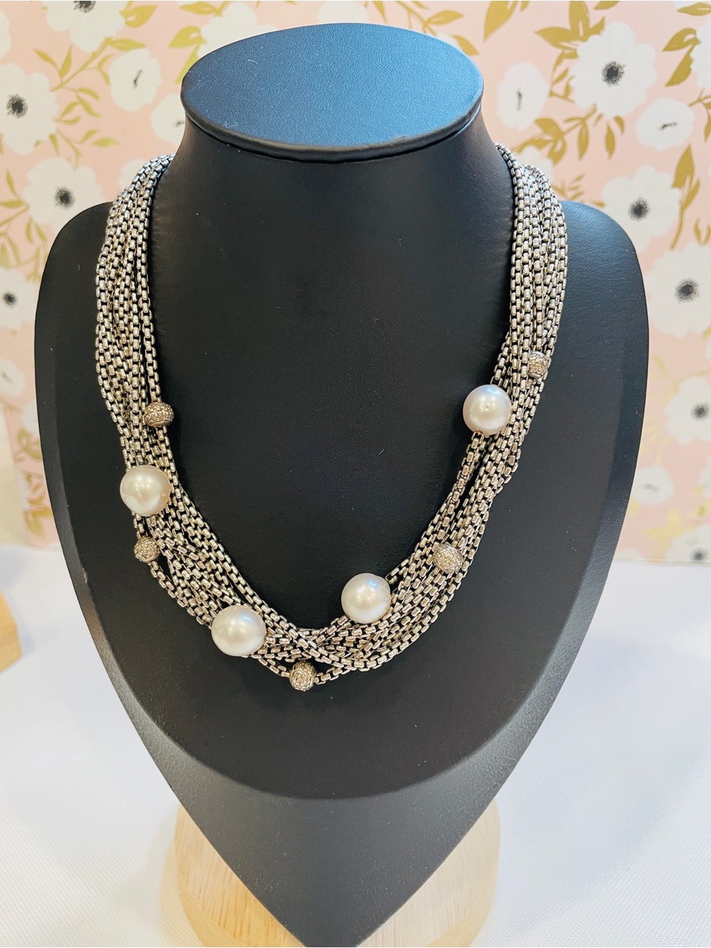 David Yurman Silver 18k Multi-Strand Box Chain Pearl & Diamond Ball Necklace